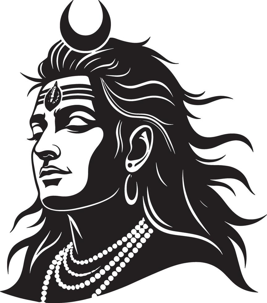 the face of lord shiva, black and white illustration vector