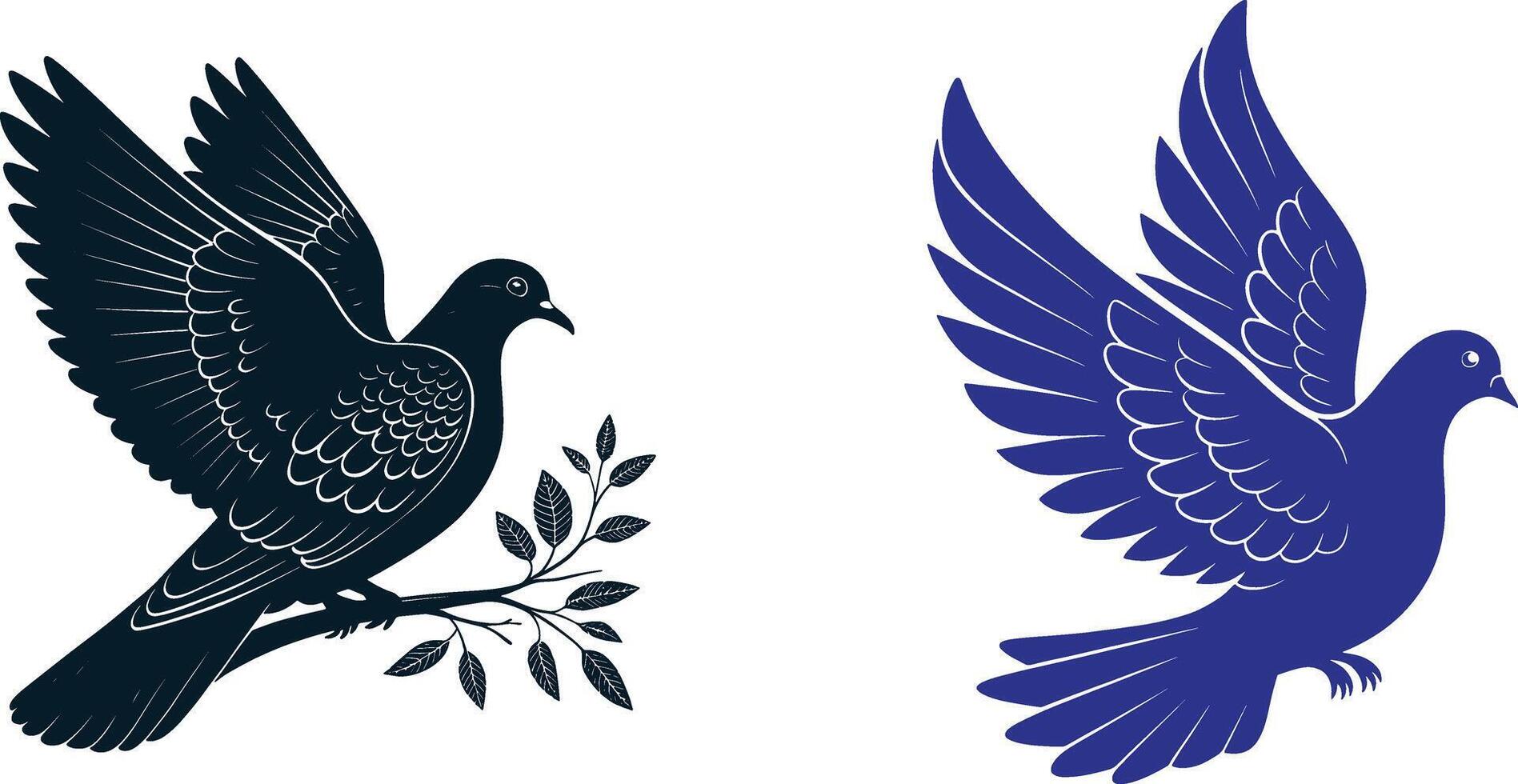 two birds with wings and leaves are shown in blue and black vector