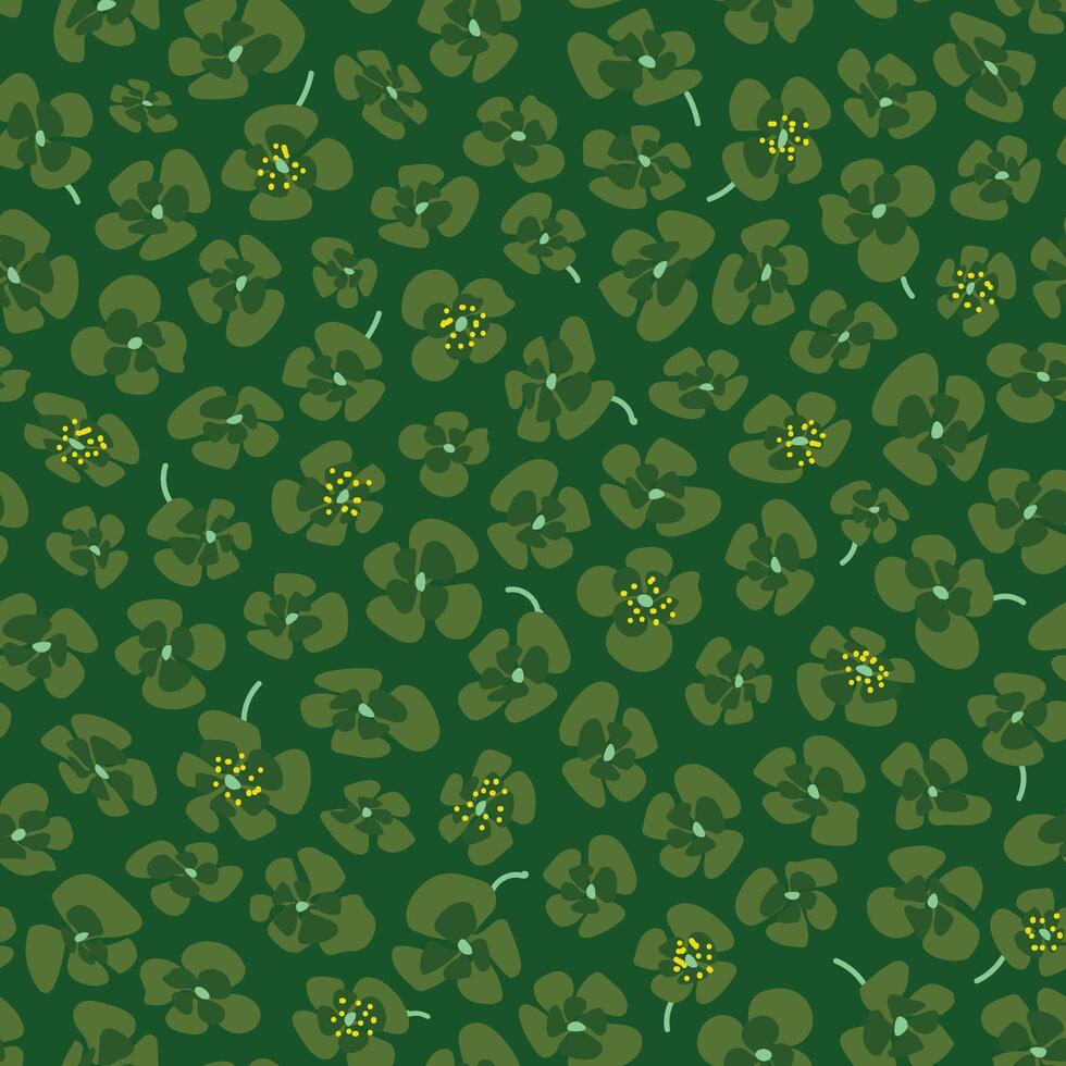 Ditsy green floral texture of small leaves pattern on a dark green neutral background with yellow accents, for backgrounds, and textile prints. Calming monochromatic forest hues. Dark green, olive vector