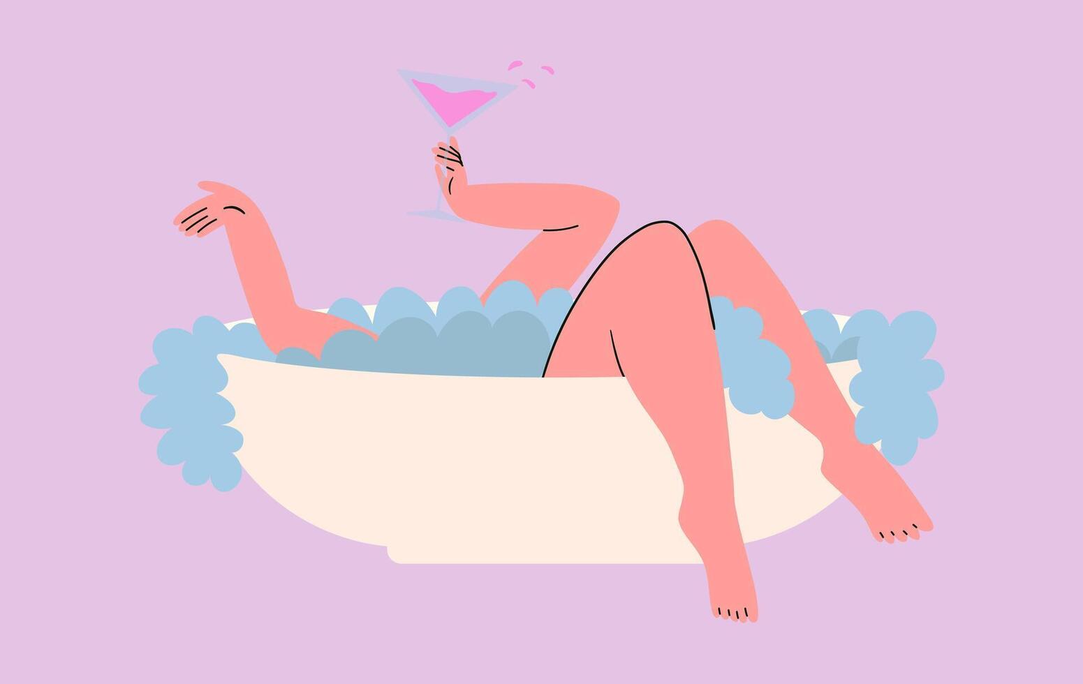 Woman takes bath with cocktail glass. Mental health concept for womens day. Valentines day card illustration vector