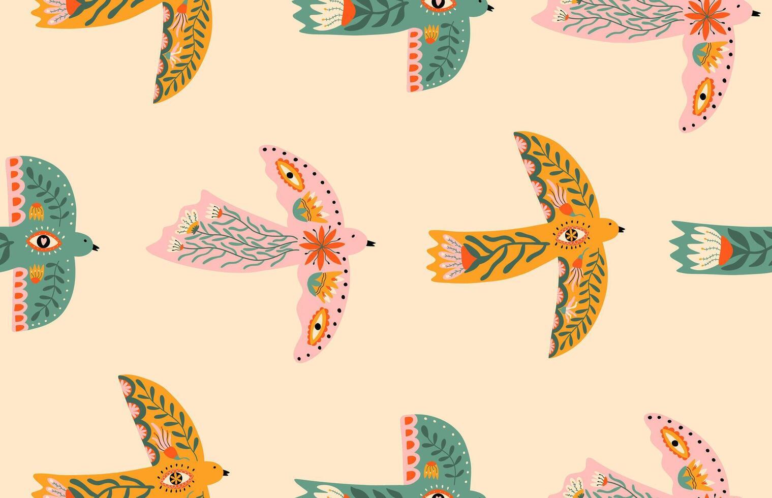 Folk doves seamless pattern with eyes, flowers and leaves. background for fabric, cover, stamp. Spring illustration. vector