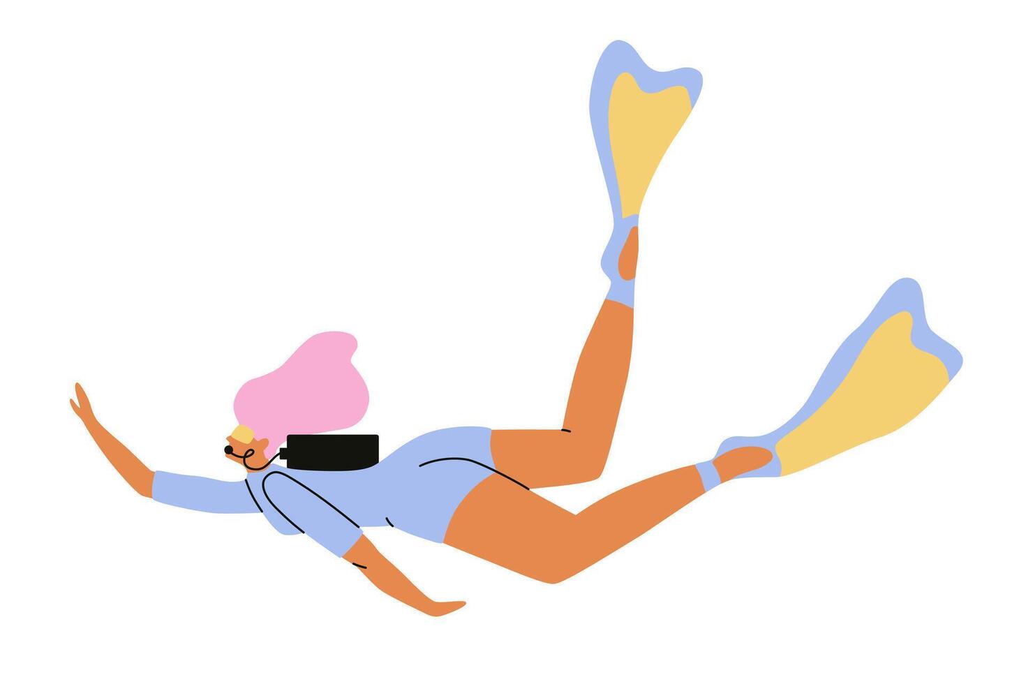 Beautiful scuba diver girl with pink hair. Underwater extreme sea marine sport. Cartoon illustrations isolated on background. vector