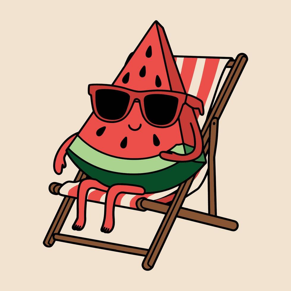 Watermelon Character Relaxing on a Beach Chair vector