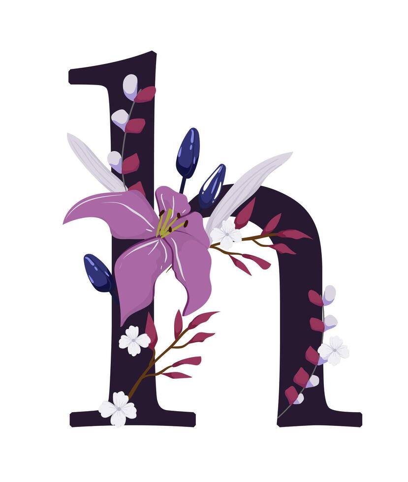The letter h is decorated with purple flowers and leaves vector