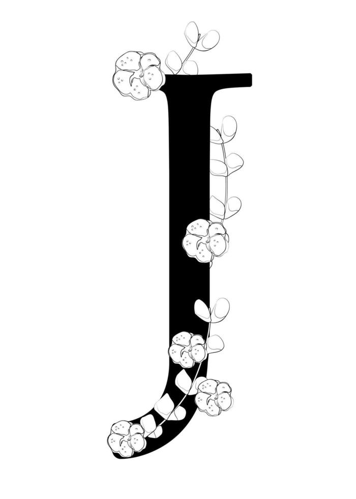 A black and white drawing of a letter j with flowers vector