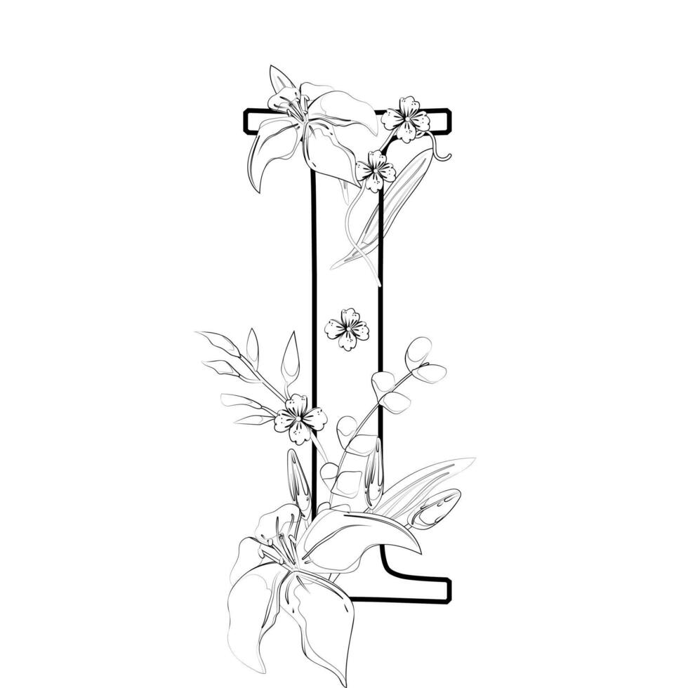 A drawing of the letter i with flowers and leaves vector