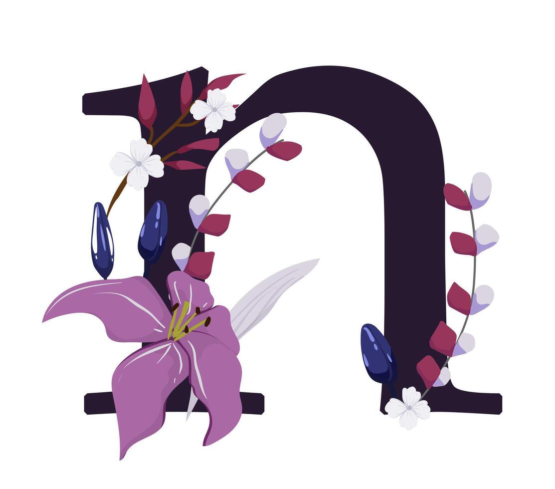 The letter n is decorated with flowers and leaves vector
