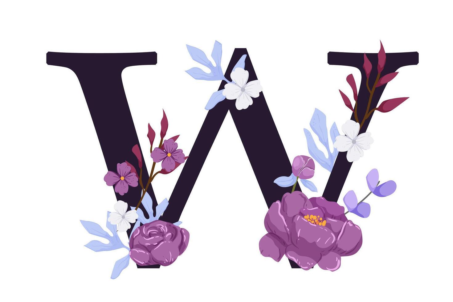 The letter w is surrounded by purple flowers vector