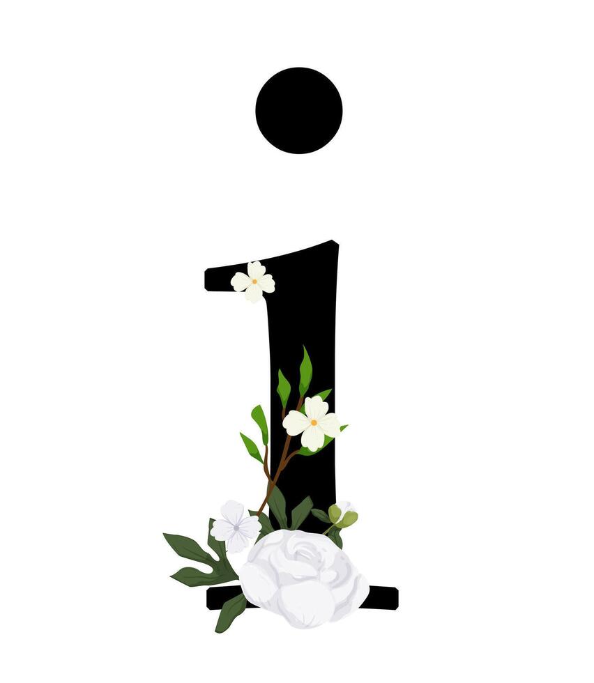 A black and white number one with flowers and leaves vector