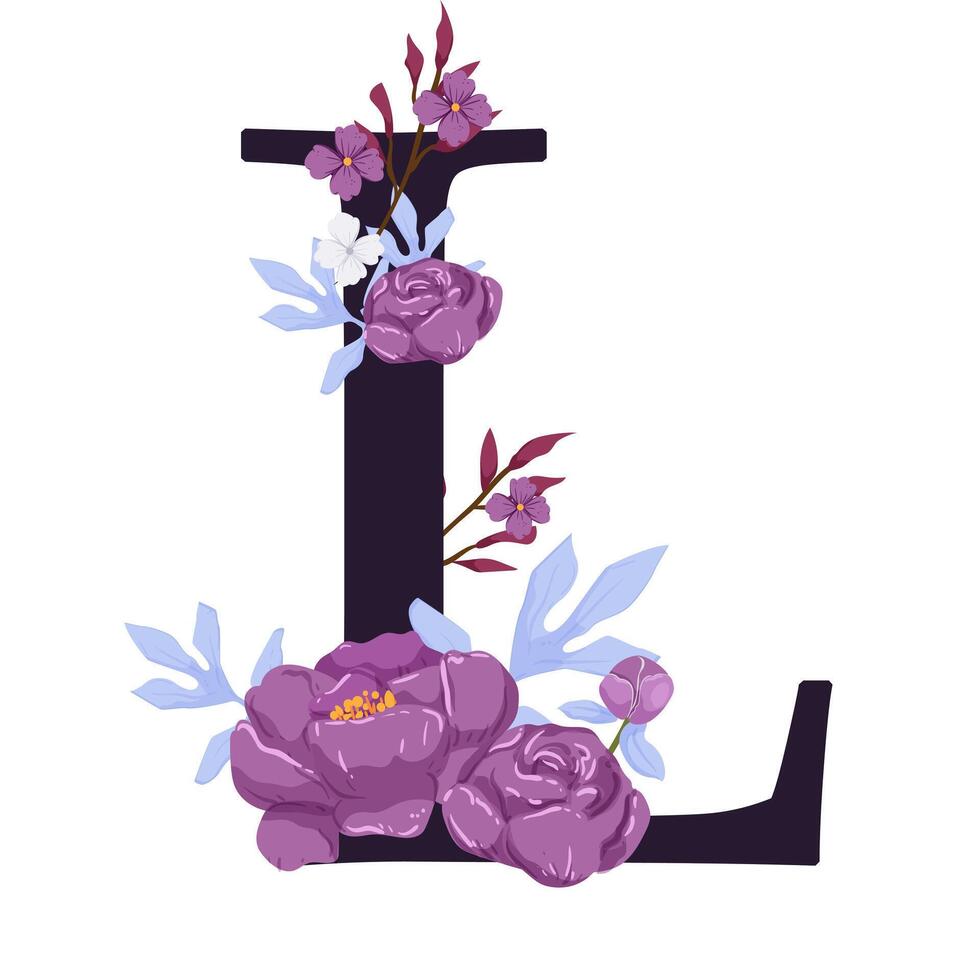The letter l is decorated with purple flowers vector