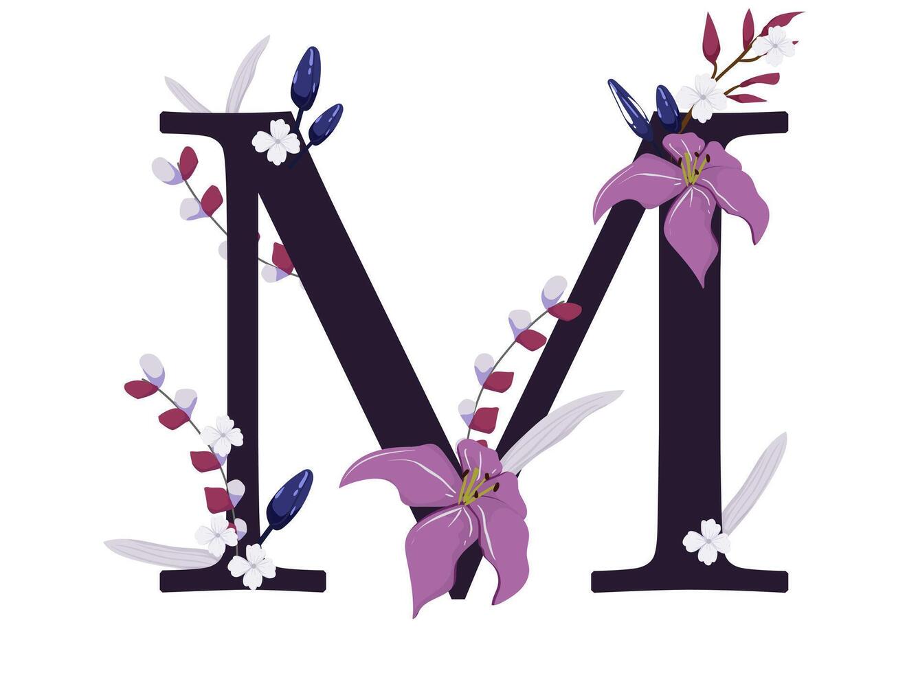 The letter m is decorated with flowers and leaves vector