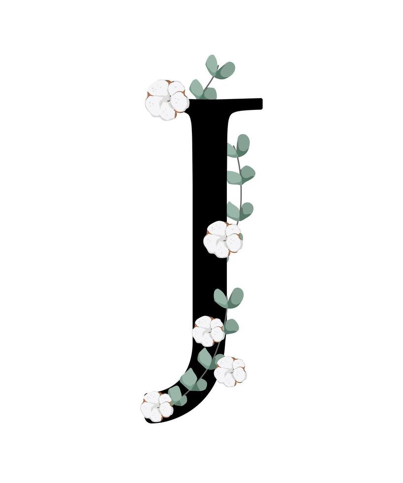 The letter j is made of cotton flowers and leaves vector