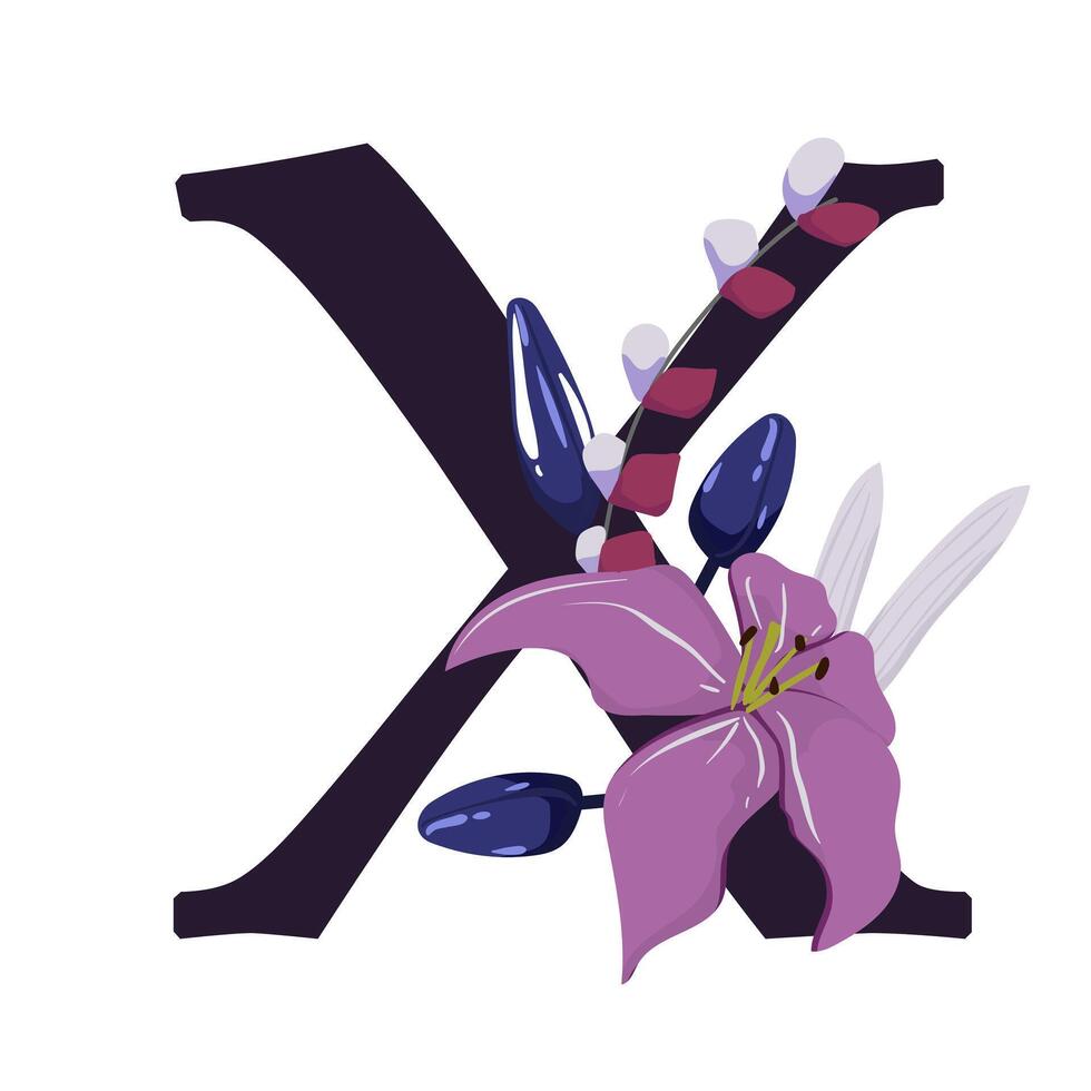 The letter x with a purple flower and leaves vector