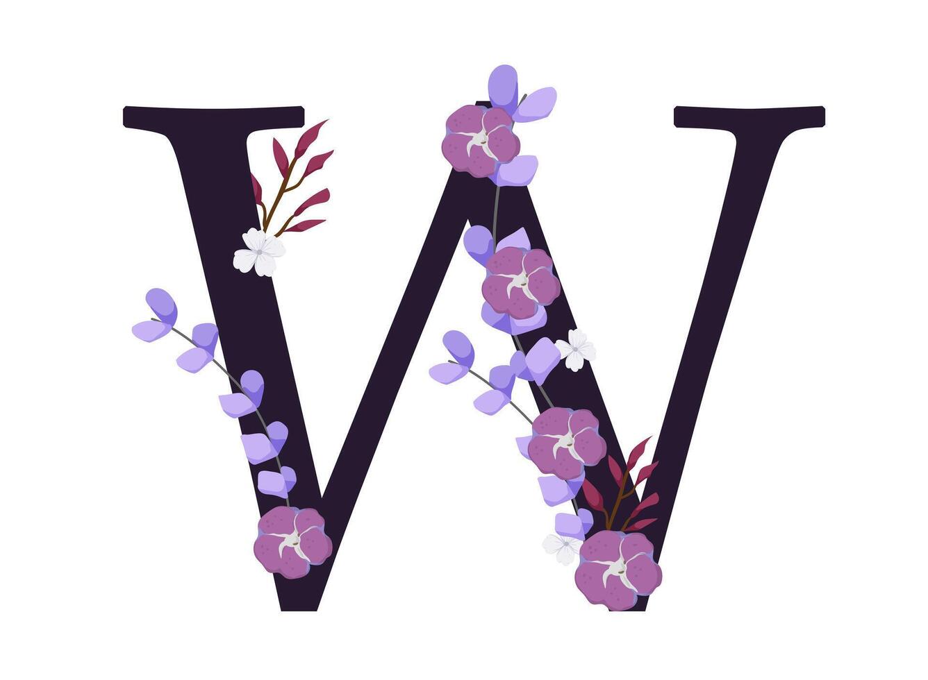 The letter w is made up of purple flowers vector
