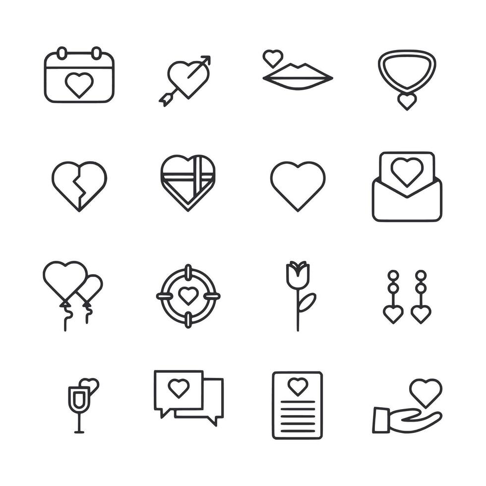 A set of white and black icons that include hearts, a broken heart, a rose vector