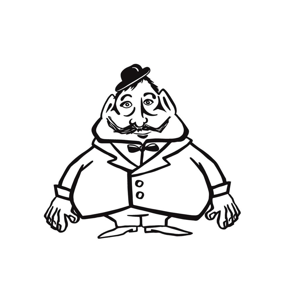 Retro plump gentleman in hat, line monochrome vector