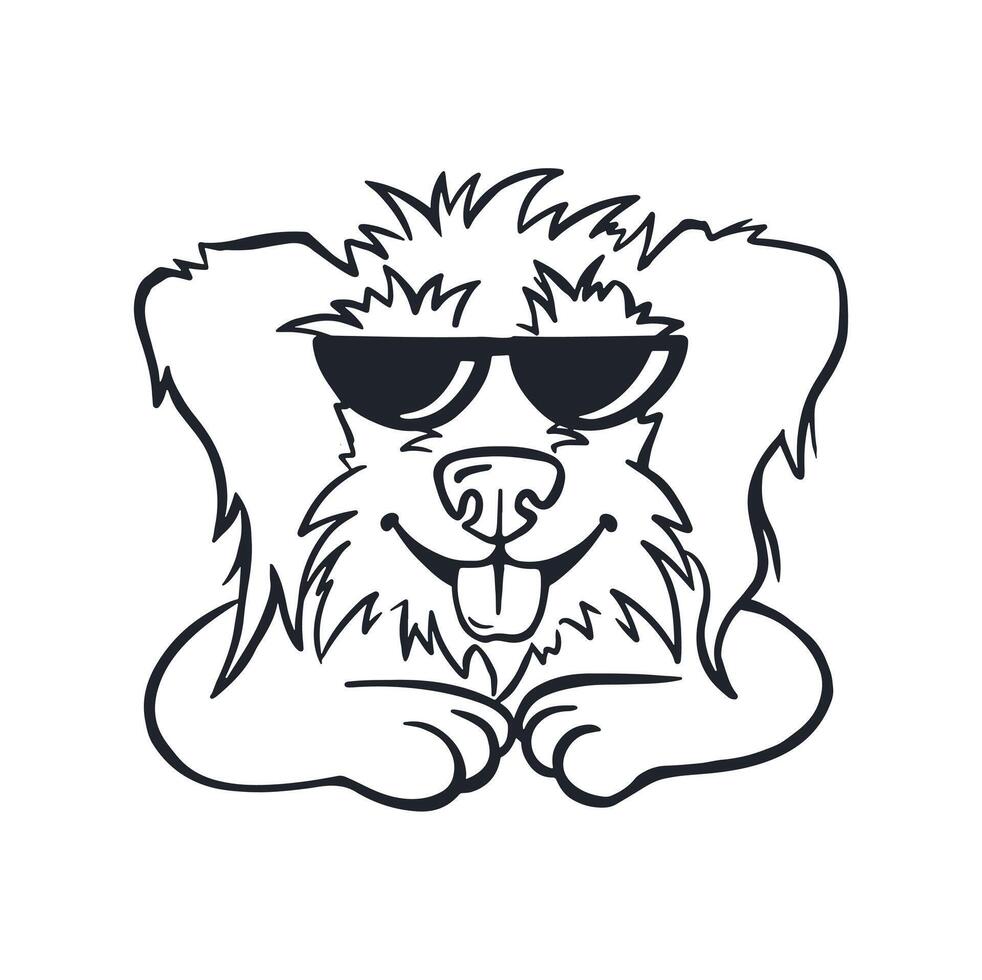 Cool dog with glasses sticking out his tongue, line coloring page vector