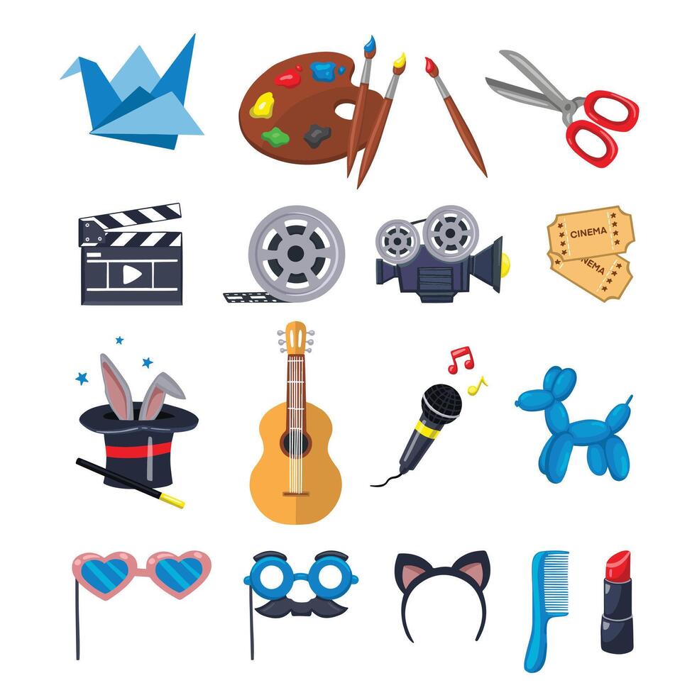 Large set of symbols children's creative hobbies hand drawn illustration vector