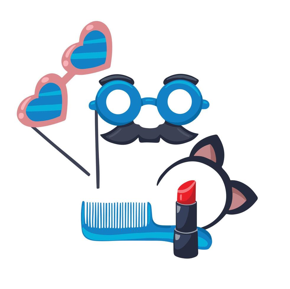 carnival party set, cat ears costumes and glasses, hand drawn illustration vector