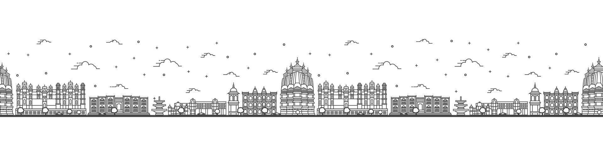 Seamless pattern with outline Udaipur India City Skyline with Historical Buildings Isolated on White. Udaipur Cityscape with Landmarks. vector