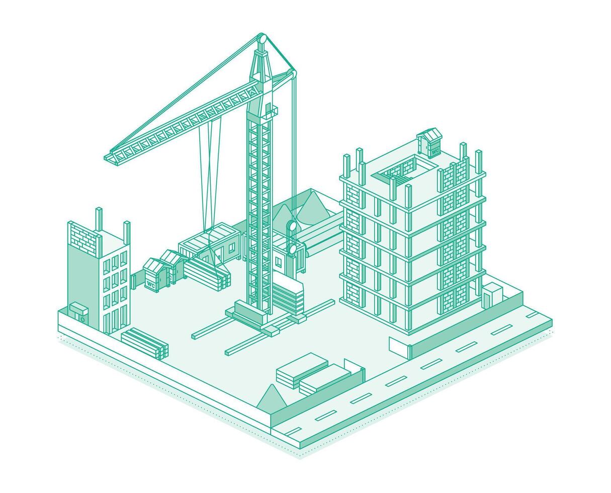 Construction site with crane and skyscraper Process of building a multi-storey building. Illustration in outline style. Isometric view of a monolithic frame building. vector