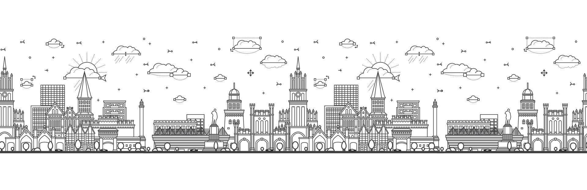 Seamless pattern with outline Kaliningrad Russia city skyline with modern and historic buildings isolated on white. Kaliningrad cityscape with landmarks. vector