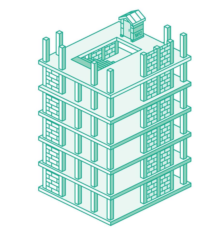 Building process concept. Construction of skyscraper. Process of building multi-storey building. Urban architecture. Outline style. Isometric monolithic frame building. vector