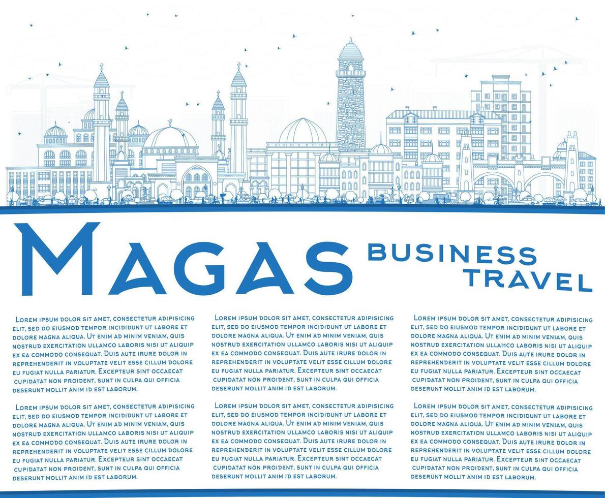 Outline Magas Russia city skyline with blue buildings and copy space. Magas cityscape with landmarks. Travel and tourism concept with modern and historic architecture. vector