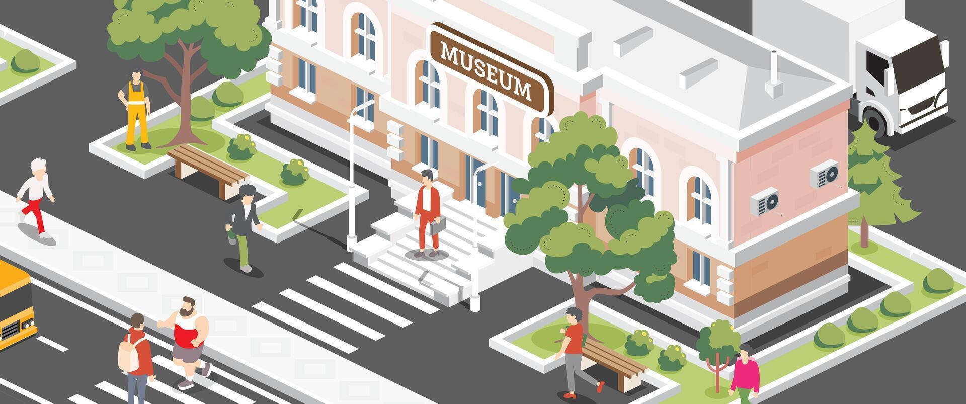 Isometric view of a museum building. of a beautiful classical building with columns, surrounded by trees, cars, and people. City scene with a sidewalk, school bus and two trucks. vector