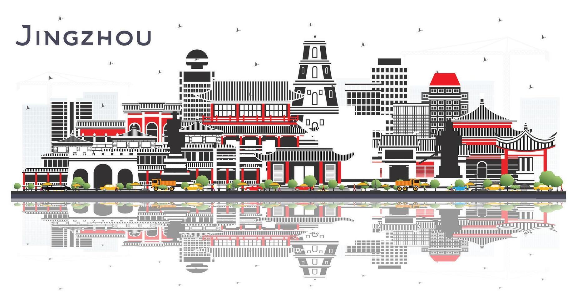 Jingzhou China City Skyline with Color Buildings and reflections Isolated on White. Business Travel and Tourism Concept with Historic and Modern Architecture. Jingzhou Cityscape with Landmarks. vector