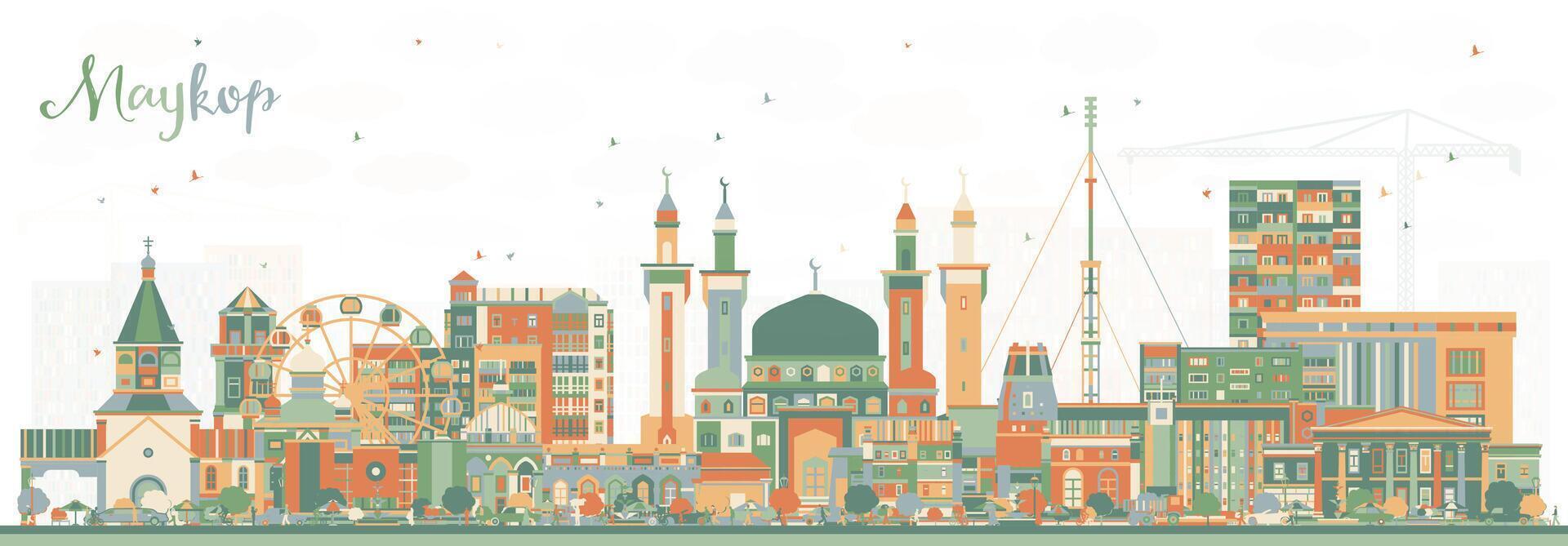 Maykop Russia city skyline with color buildings. Maykop cityscape with landmarks. Business travel and tourism concept with modern and historic architecture. vector