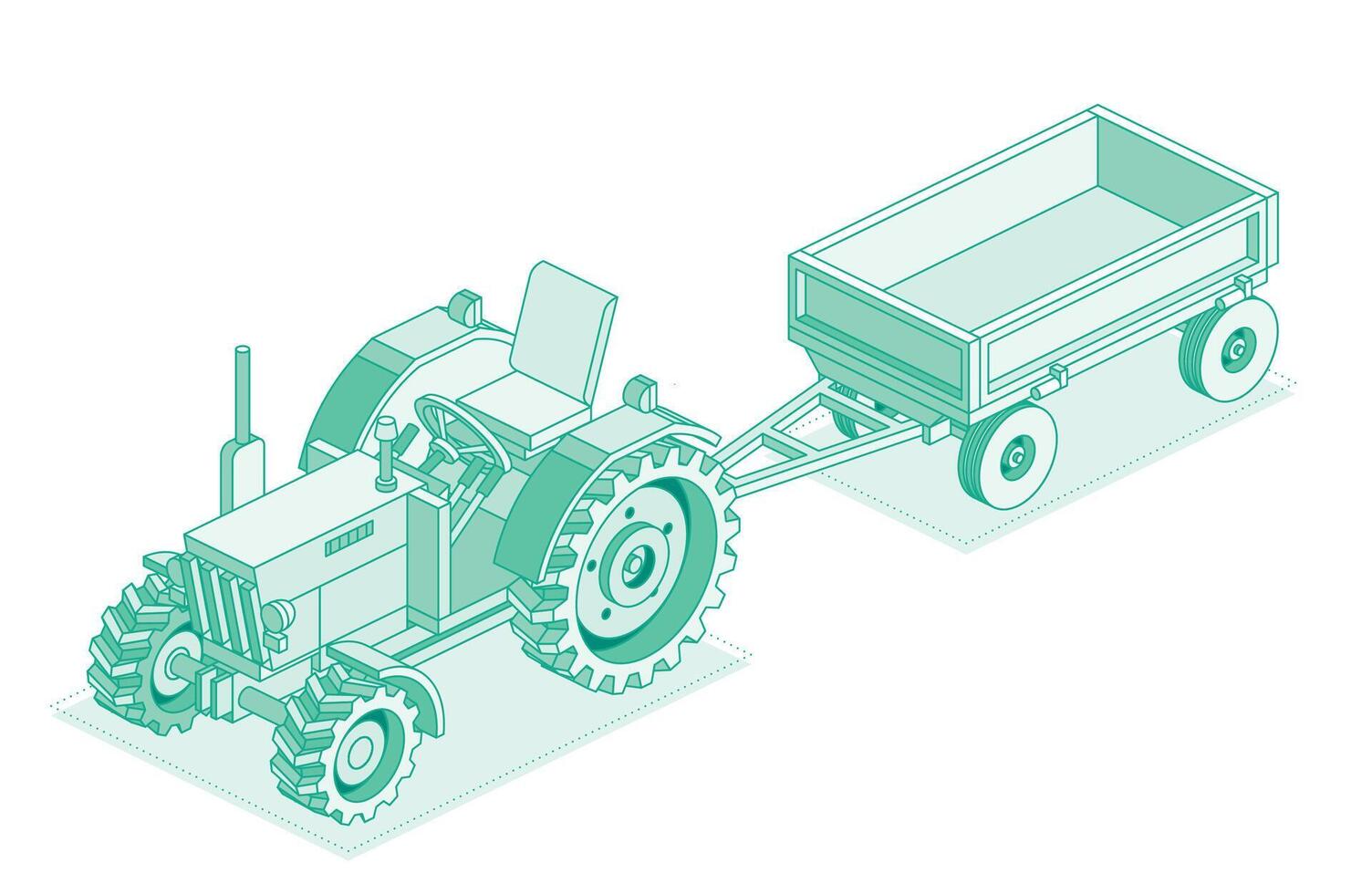 Isometric old tractor without roof with trailer isolated on white background. Outline vintage object. Large heavy modern agricultural tractor for fieldwork. vector