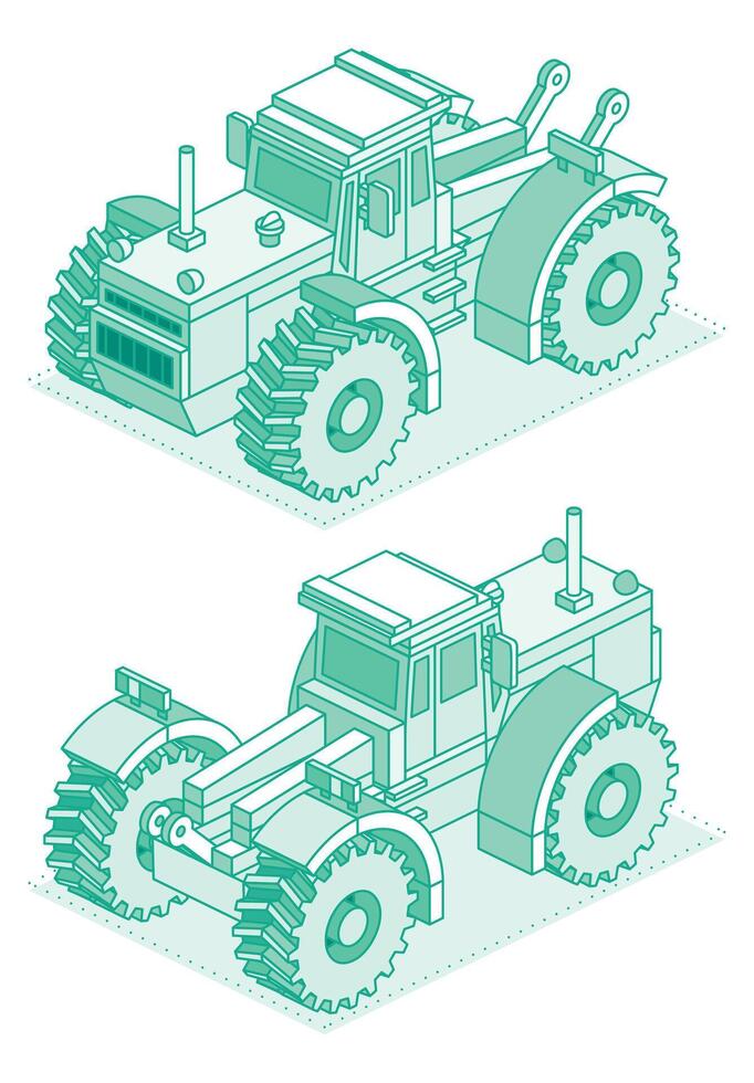 Isometric modern agricultural tractor, front and rear views. Outline illustration isolated on a white background. vector