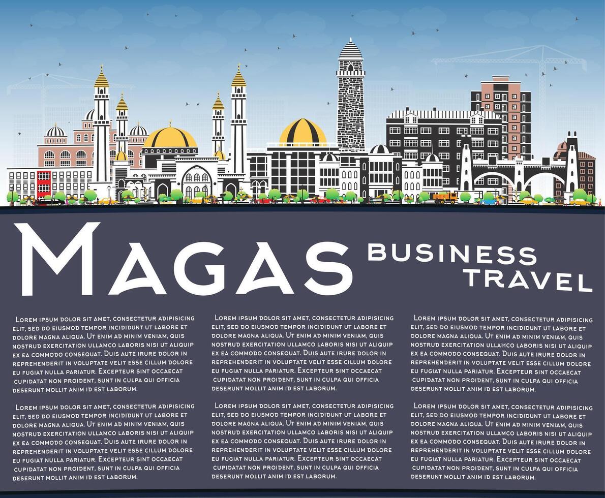 Magas Russia city skyline with color buildings, blue sky and copy space. Magas cityscape with landmarks. Travel and tourism concept with modern and historic architecture. vector