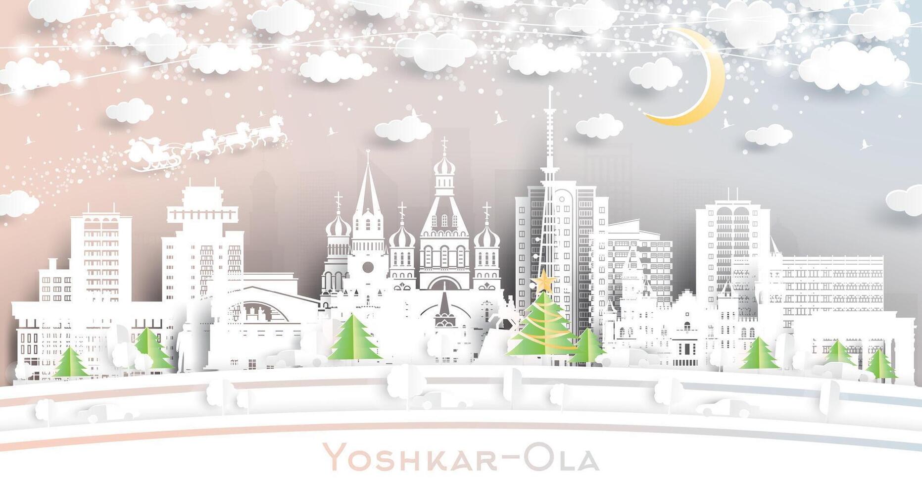 Yoshkar Ola Russia. Winter city skyline in paper cut style with snowflakes, moon and neon garland. Christmas and new year concept. Santa Claus on sleigh. Yoshkar Ola cityscape with landmarks. vector