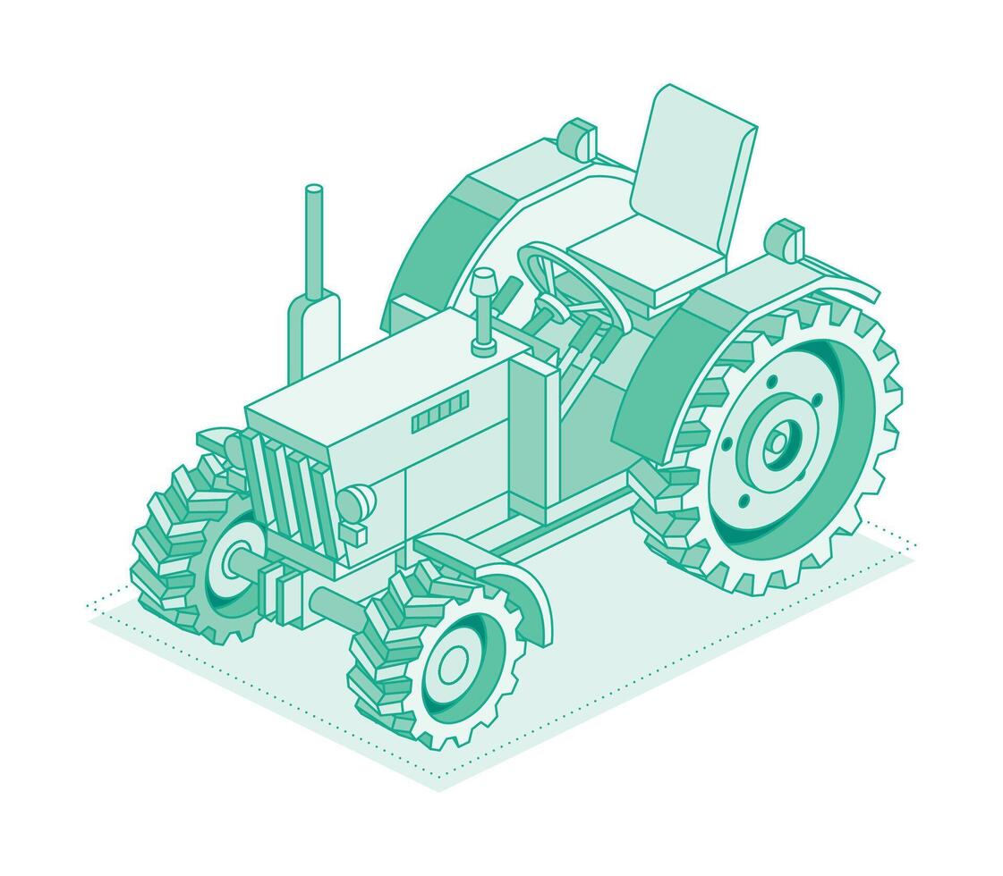 Isometric old tractor without roof isolated on white background. Outline vintage object. Large heavy modern agricultural tractor for fieldwork. vector