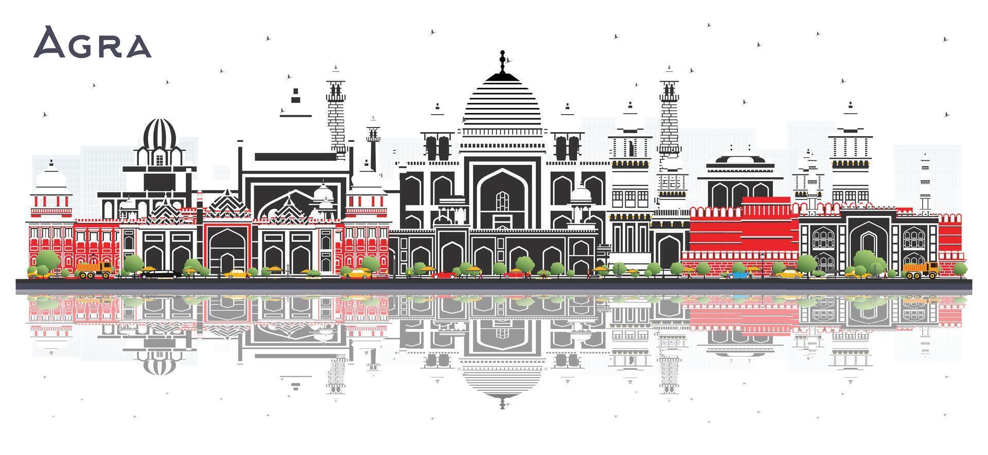 Agra India City Skyline with Color Buildings and reflections Isolated on White. Business Travel and Tourism Concept with Historic Architecture. Agra Uttar Pradesh Cityscape with Landmarks. vector
