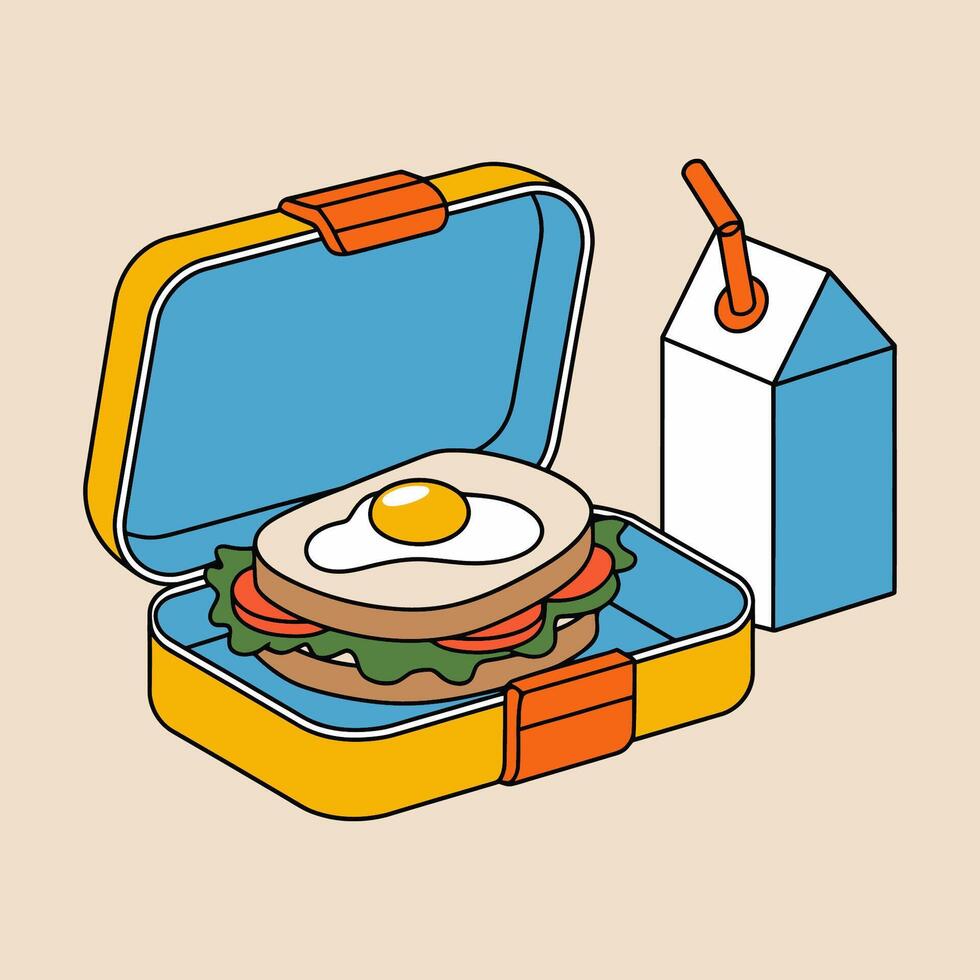Lunchbox with Sandwich and Milk Cartoon Illustration vector