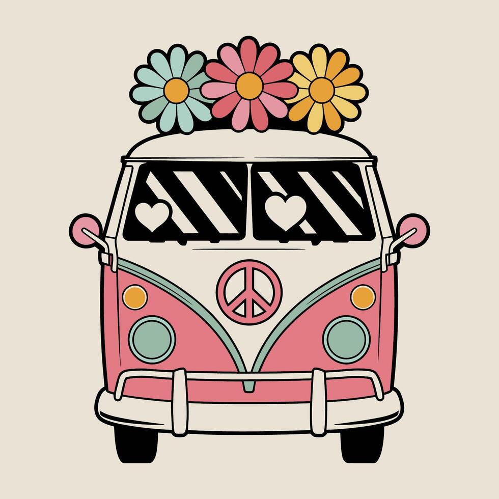 Retro Hippie Van with Flowers and Peace Symbol vector