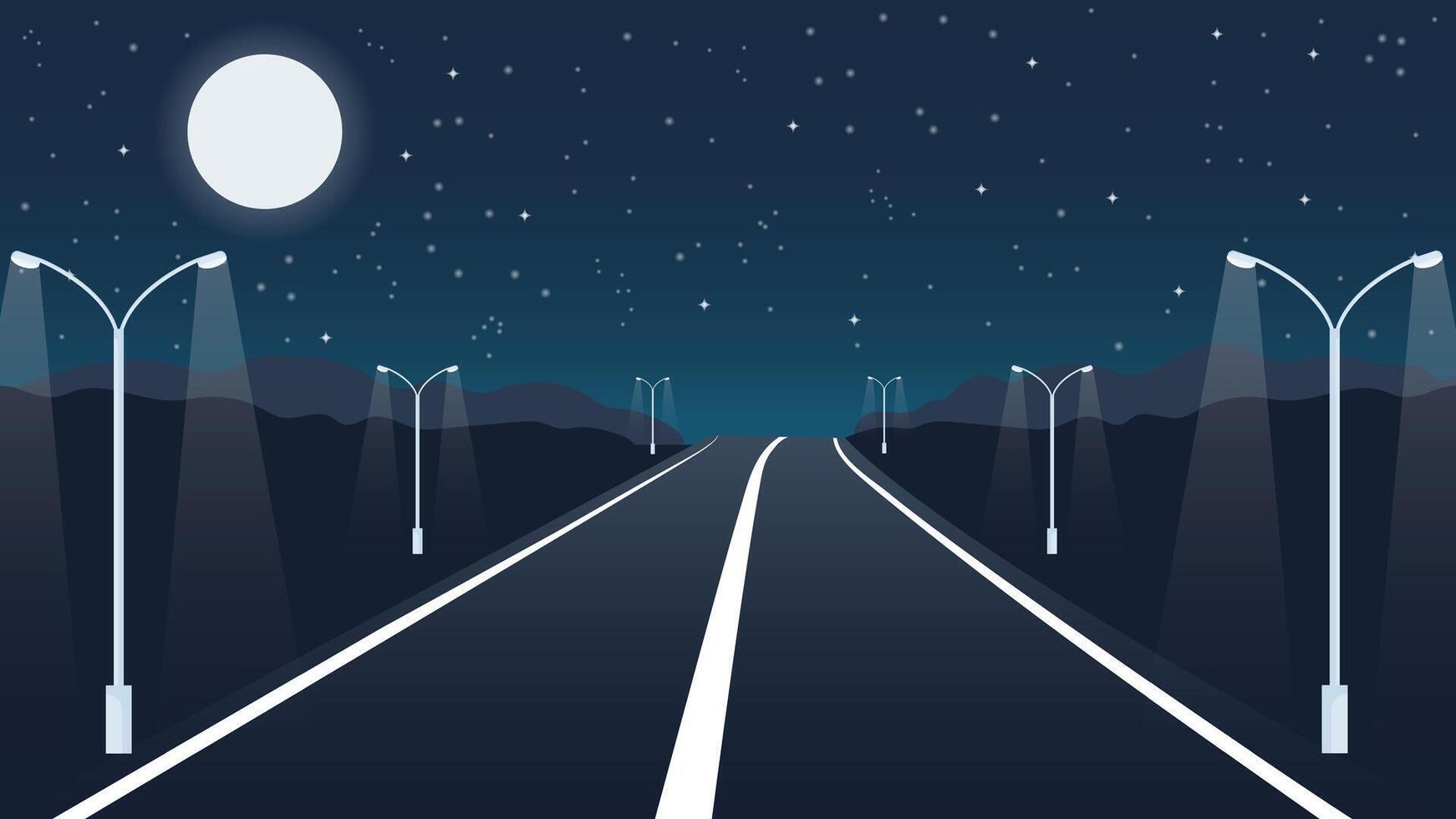 Empty Road at Starry Moonlit Night Flat Illustration. vector