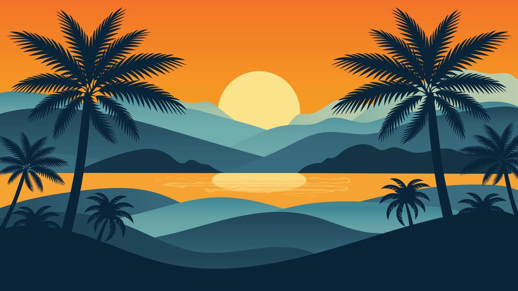 Summer Sunset Landscape Illustration with Palms and Mountains Flat . vector