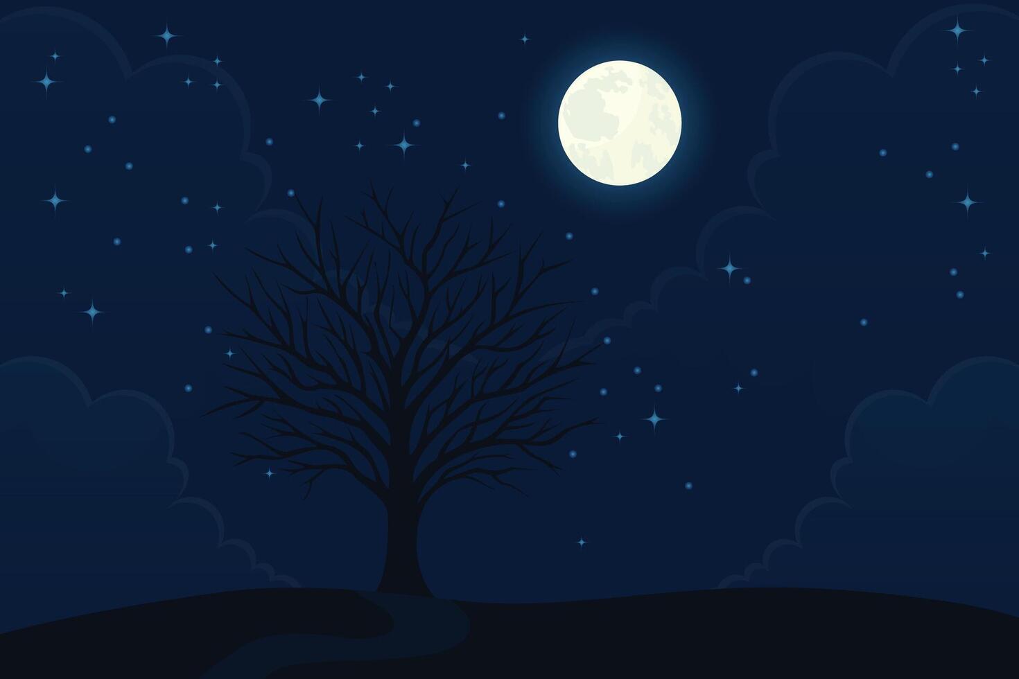 Starry Night Landscape with Moon and Tree Flat Illustration. vector