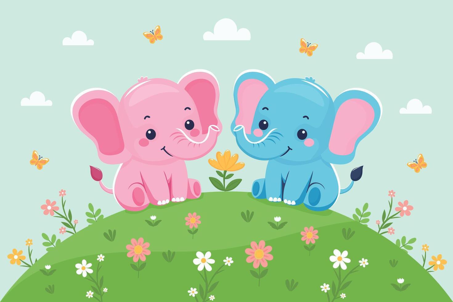 Two Cute Elephants on Hill with Flowers and Butterflies Flat Illustration. vector