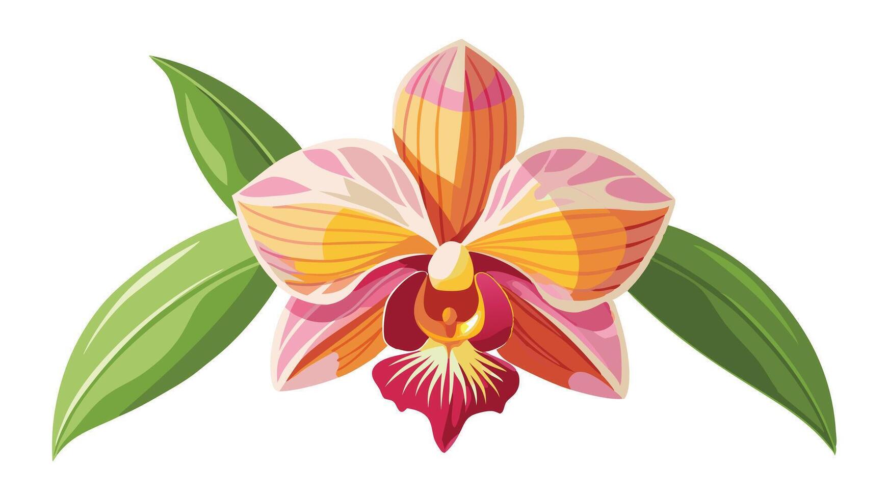 Orchid flower, pink, yellow and purple, white background orchid flower with leaves and a stem vector