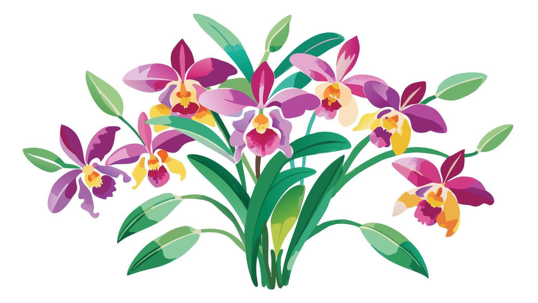 Orchid flower, pink, yellow and purple, white background bouquet of orchids is shown on a white background vector