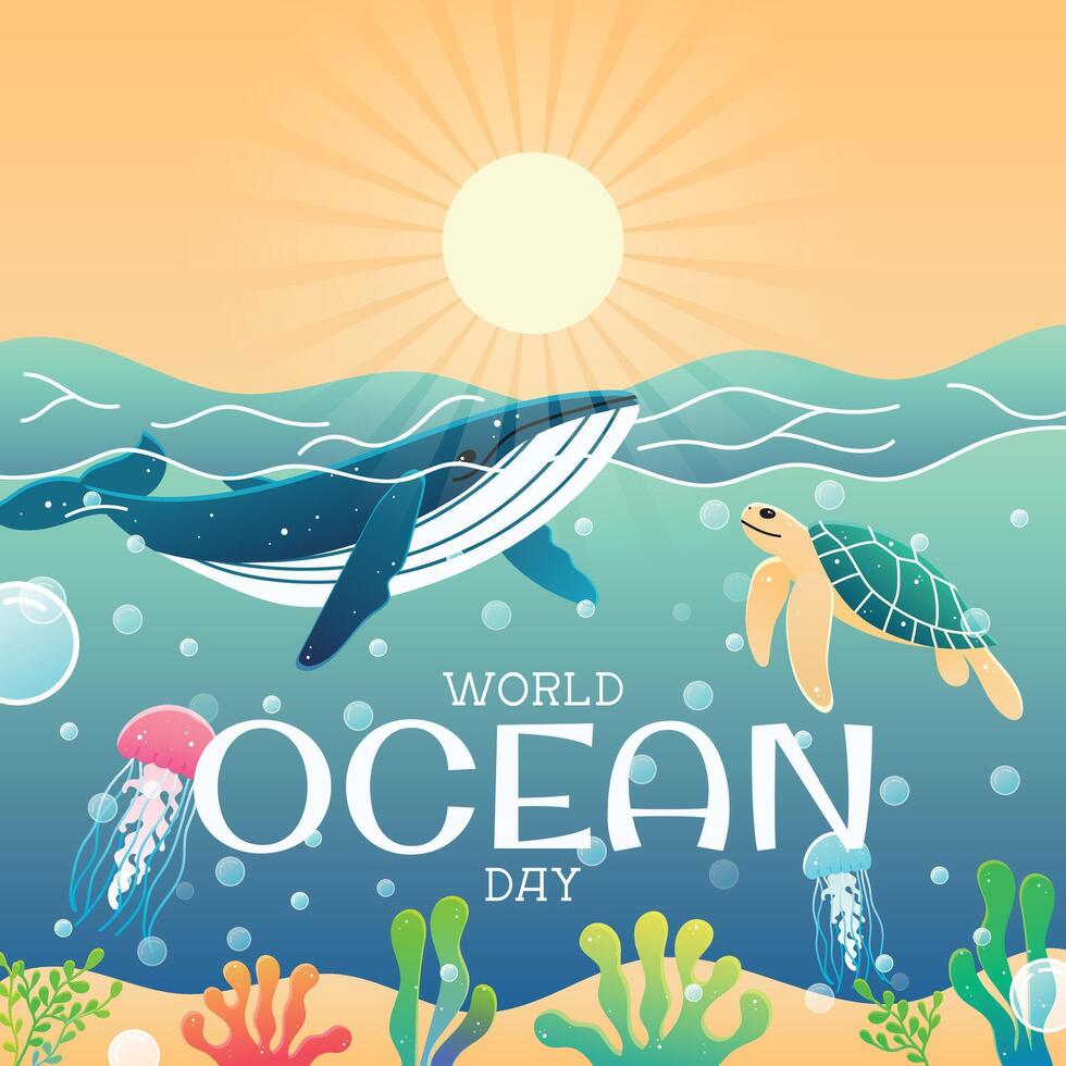 World ocean day, sea animal wallpaper, underwater world, whale, jellyfish, turtle vector
