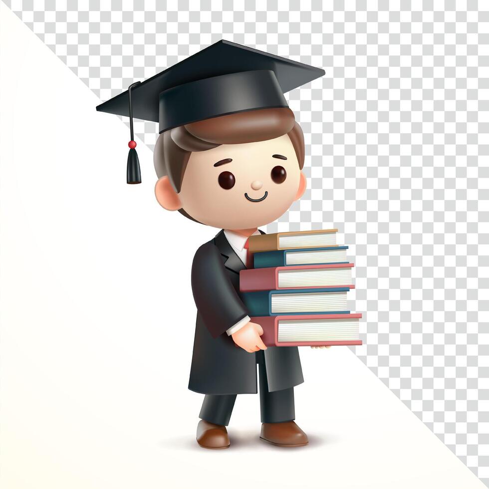 Graduation man carrying stack of books, 3D. Suitable for events and education vector