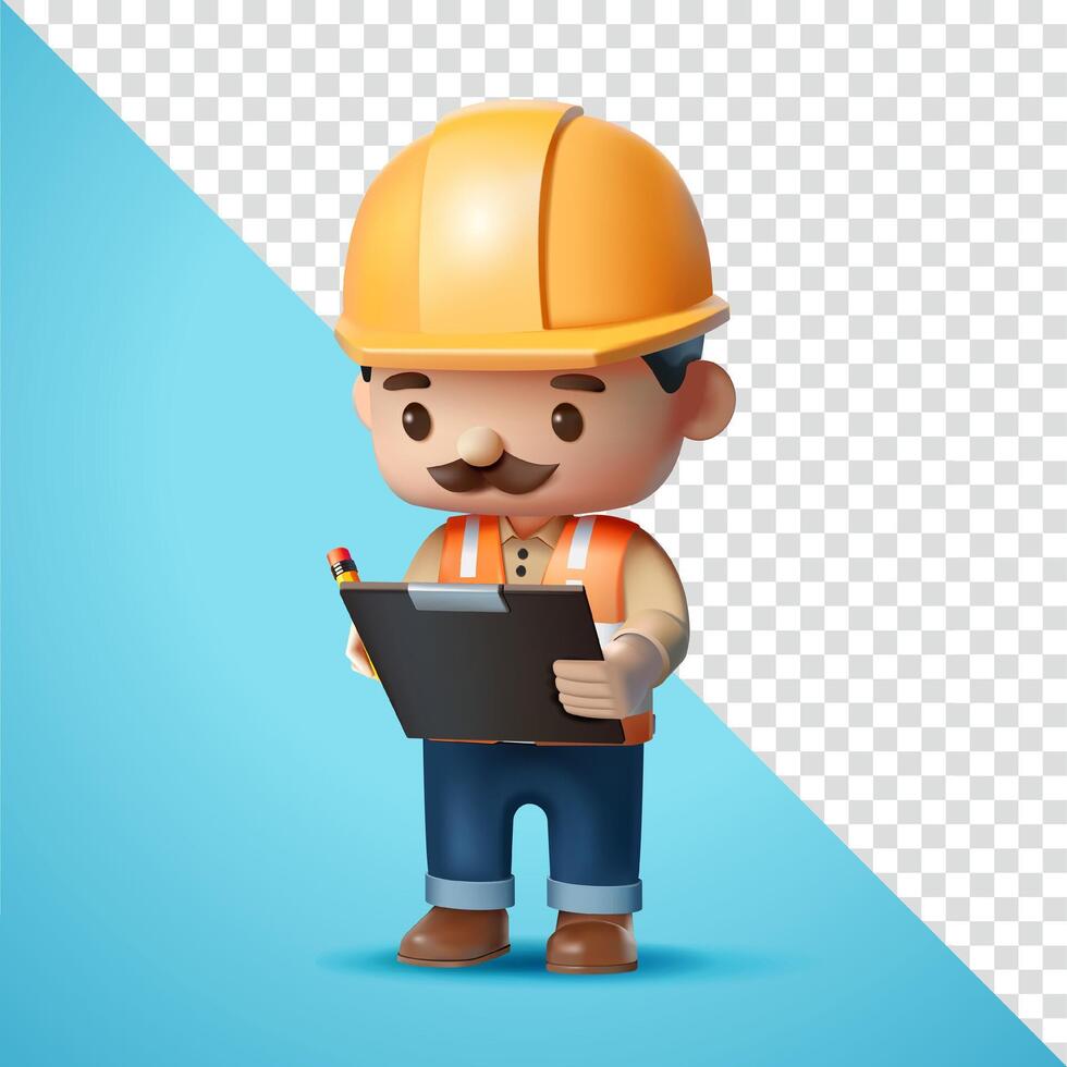 Construction worker writing on clipboard, 3D. Suitable for business, construction and element design vector