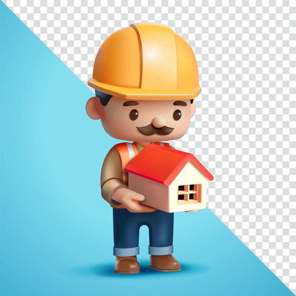 Construction worker holding miniature house, 3D. Suitable for business, construction and element design vector
