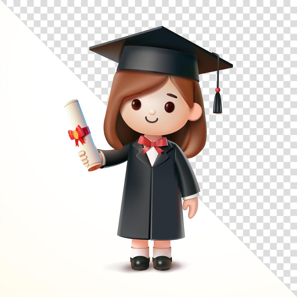 Graduation woman holding certificate scroll, 3d. Suitable for events and education vector